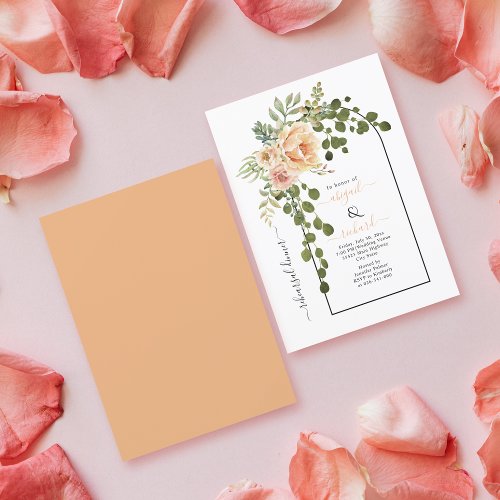 Peach coral flowers arch wedding rehearsal dinner invitation