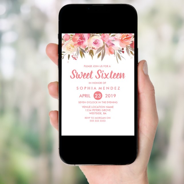 Peach Coral Flowers Sweet 16 Birthday Party Invitation (Front Digital)