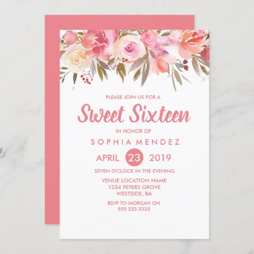 Peach Coral Flowers Sweet 16 Birthday Party Invitation