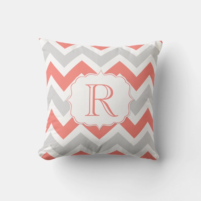 Peach Coral Gray White Chevron Pattern Monogram Throw Pillow (Front)