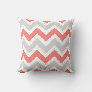 Peach Coral Gray White Chevron Zigzag Pattern Throw Pillow