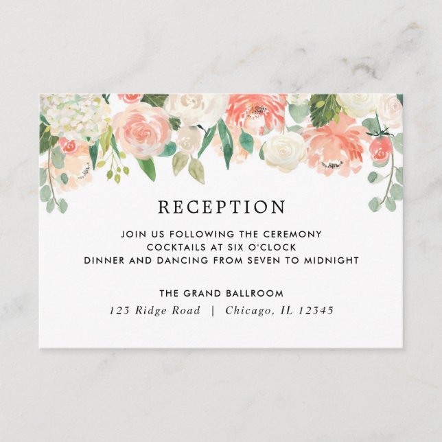 Peach coral greenery summer floral reception enclosure card (Front)