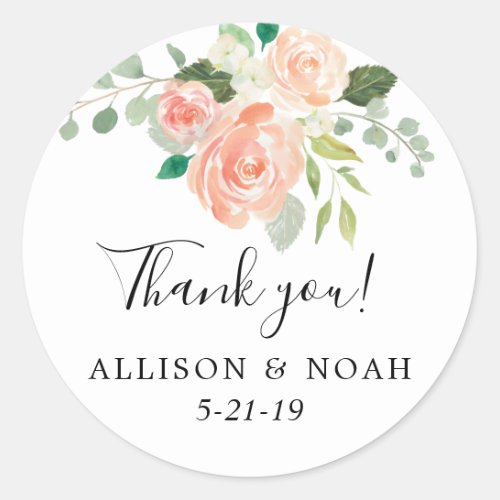 Peach coral greenery summer spring floral favor classic round sticker
