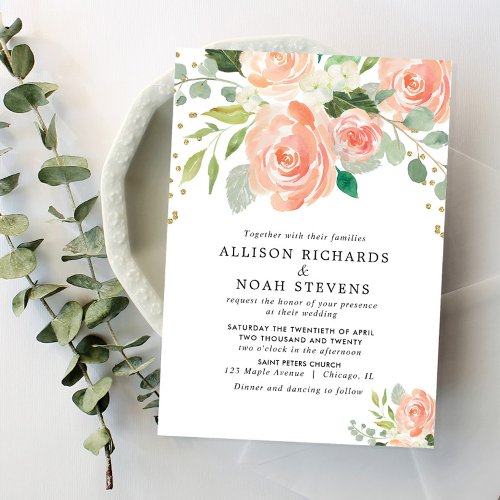 Peach coral greenery summer spring floral wedding invitation