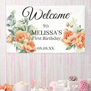 Peach Coral Greenery Welcome First Birthday Sign