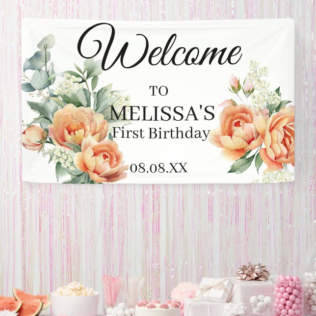 Peach Coral Greenery Welcome First Birthday Sign (Creator Uploaded)