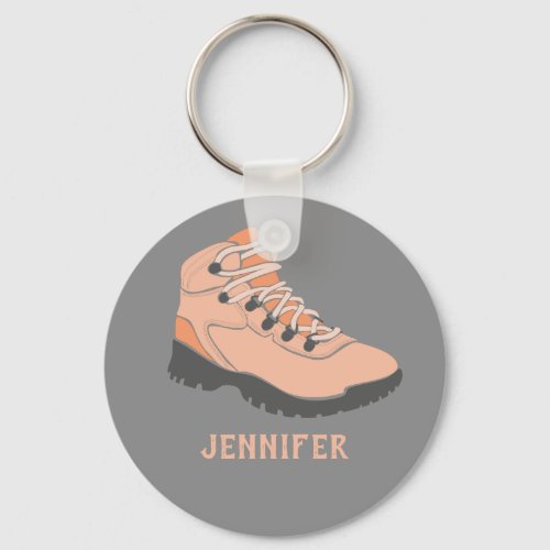 Peach Coral Hiking Boot Personalized Gray Keychain