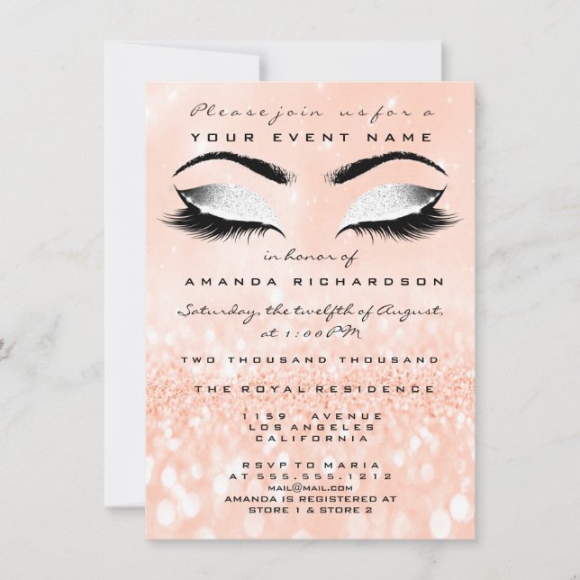 Peach Coral Makeup White Glitter 16th Bridal Showe Invitation (Front)