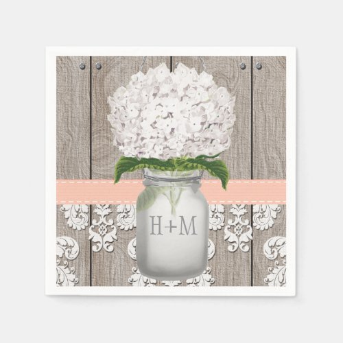 Peach Coral Monogrammed White Hydrangea Mason Jar Paper Napkins