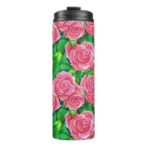 Peach  Coral Orange Watercolor Roses Thermal Tumbler