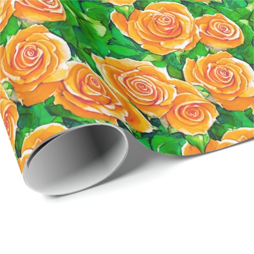 Peach  Coral Orange Watercolor Roses Wrapping Paper
