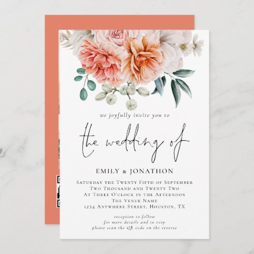 Peach Coral Peonies Floral 3 Photo QR Code Wedding Invitation