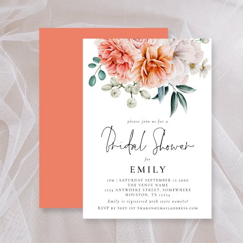 Peach Coral Peonies Florals Bridal Shower Invitation
