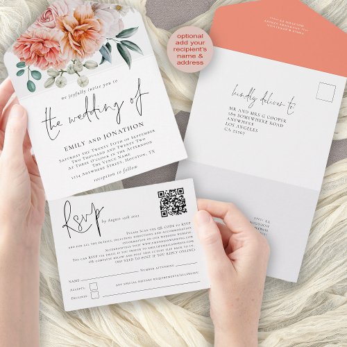 Peach Coral Peonies Florals QR Code Script Wedding All In One Invitation