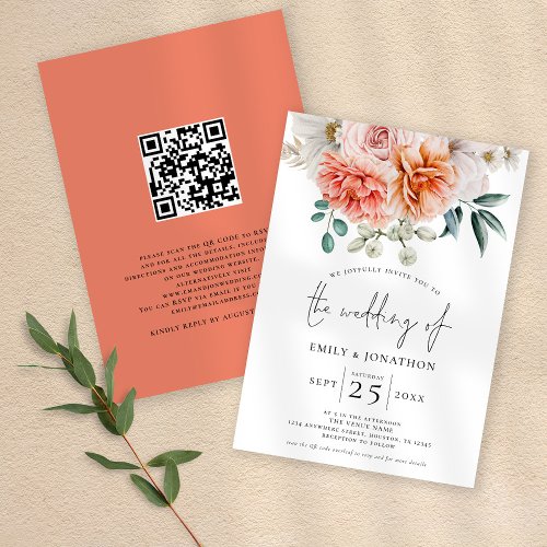 Peach Coral Peonies Florals QR Code Wedding Invitation