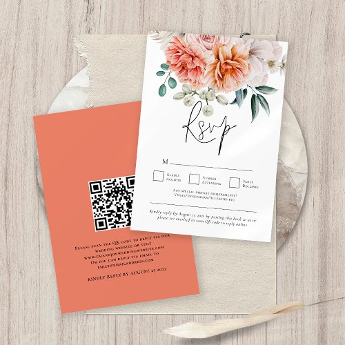 Peach Coral Peonies Florals QR Code Wedding  RSVP Card