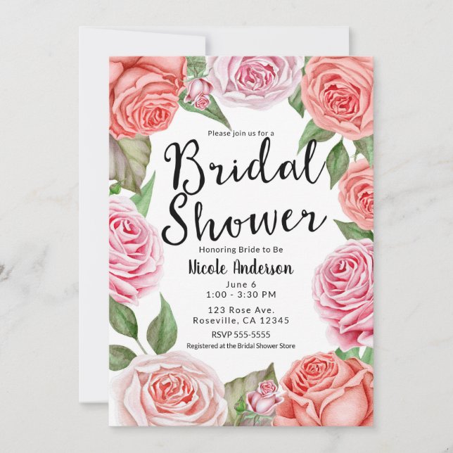 Peach Coral Pink Roses Greenery Bridal Shower Invitation (Front)