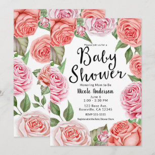 Peach Coral Pink Roses Greenery Leaves Baby Shower Invitation