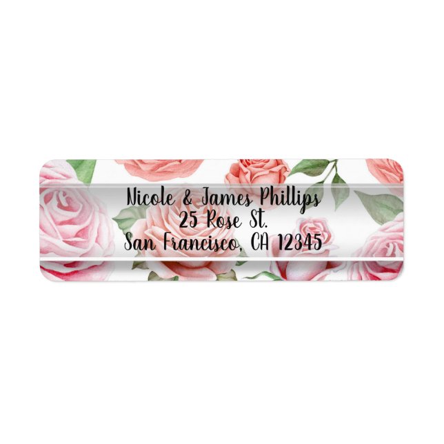 Peach Coral Pink Roses Greenery Leaves Elegant Label (Front)