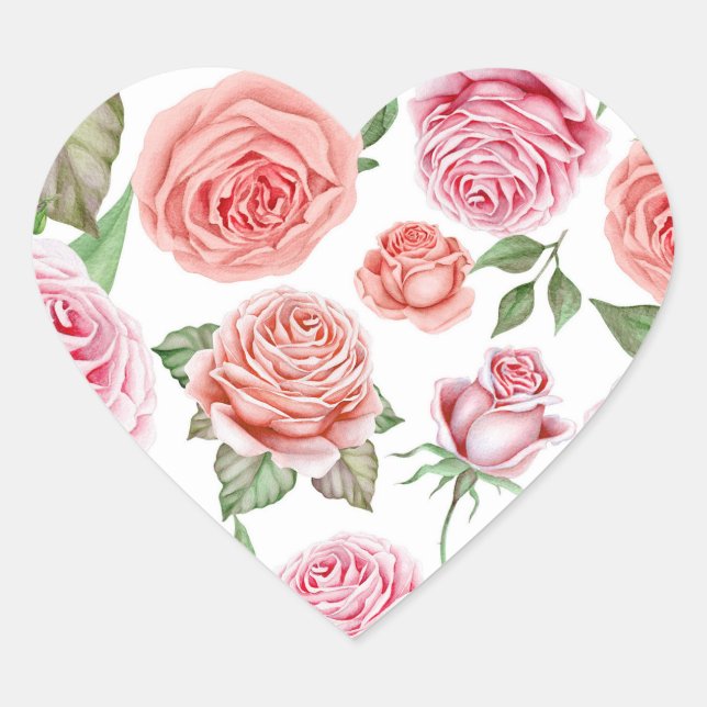 Peach Coral Pink Roses Greenery Leaves Party Favor Heart Sticker (Front)