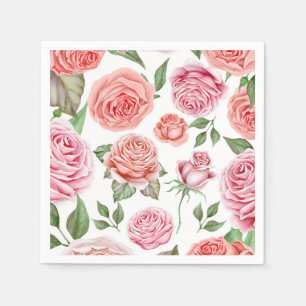 Peach Coral Pink Roses Greenery Leaves Shabby Chic Napkins