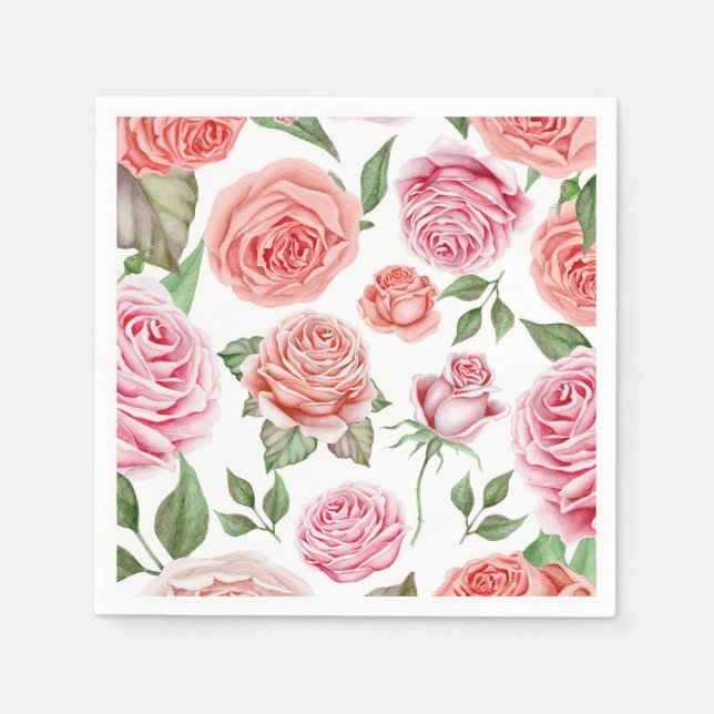 Peach Coral Pink Roses Greenery Leaves Shabby Chic Napkins (Front)