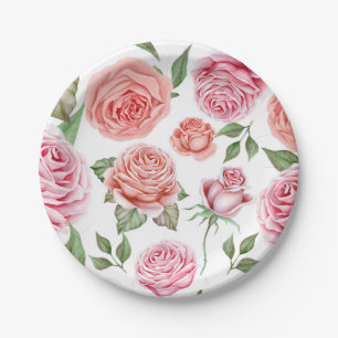 Peach Coral Pink Roses Greenery Leaves Shabby Chic Paper Plates