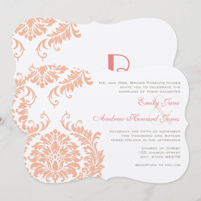 Peach Coral Rose Gold Damask Wedding Invitation (Front/Back)