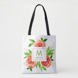 Peach-Coral Roses Watercolor Monogram Personalized Tote Bag