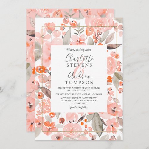 Peach coral sage green floral watercolor wedding invitation