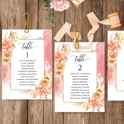 Peach Coral Seating Plan Cards with Guest Names