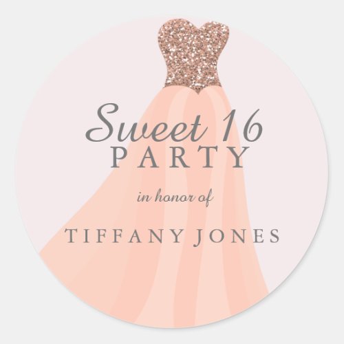 Peach Coral Sparkling Glitter Gown Sweet 16 Party Classic Round Sticker