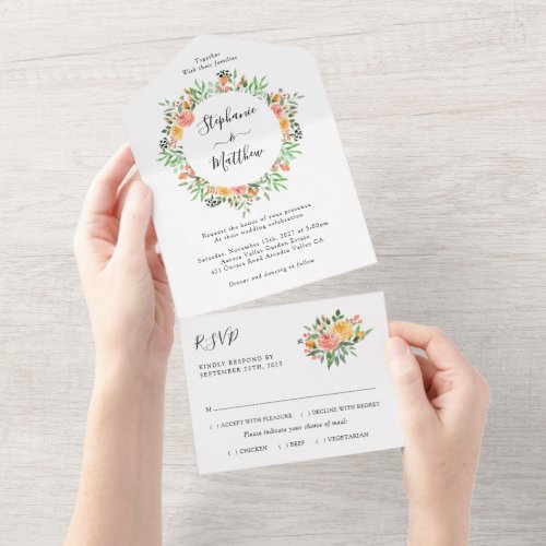Peach Coral Watercolor Floral Wedding All In One Invitation
