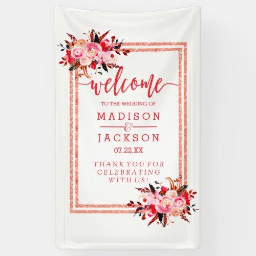 Peach  Coral Watercolor Floral Wedding Welcome Banner