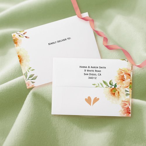 Peach coral watercolor flowers floral wedding envelope