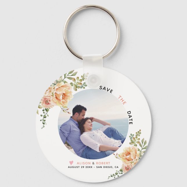 Peach coral watercolor flowers photo keychain (Front)