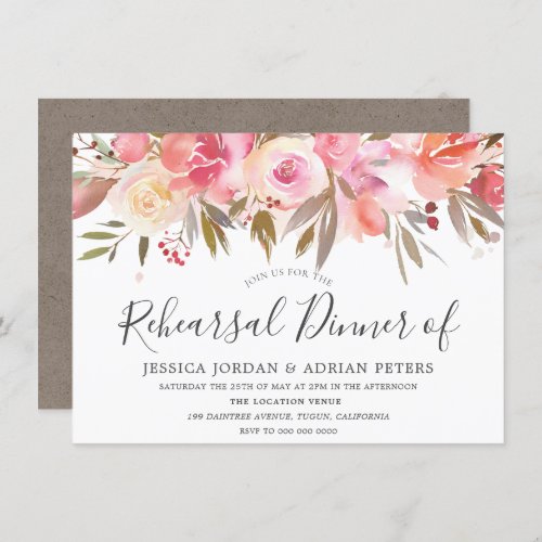 Peach Coral Watercolor Flowers Rehearsal Dinner Invitation