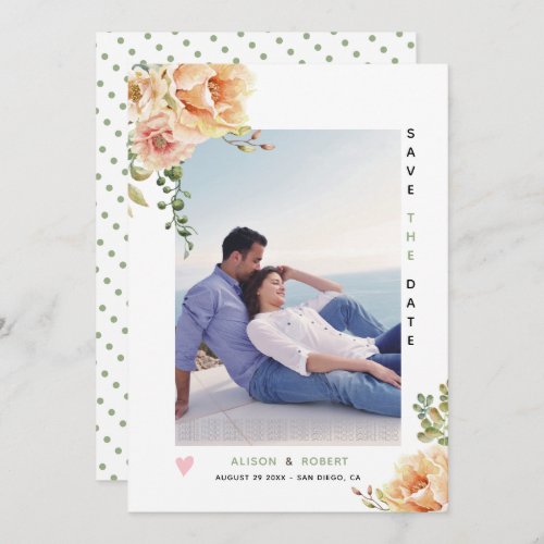 Peach coral watercolor flowers sage green photo save the date