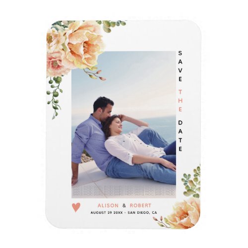 Peach coral watercolor flowers Save the Date photo Magnet