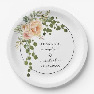 Peach coral watercolor flowers Thank You wedding P Paper Plates