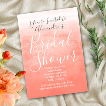 Peach Coral Watercolor Ombre Modern Bridal Shower Invitation by CustomInvites at Zazzle