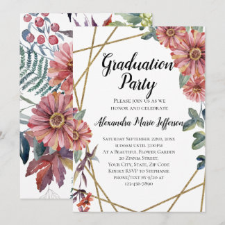 Peach Coral Zinnia Flower Girls Graduation Party Invitation
