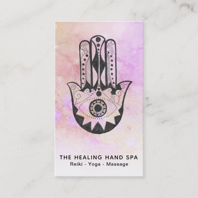 *~* Peach Crater of Moon Hamsa Hand of Fatima Yoga Business Card (Front)