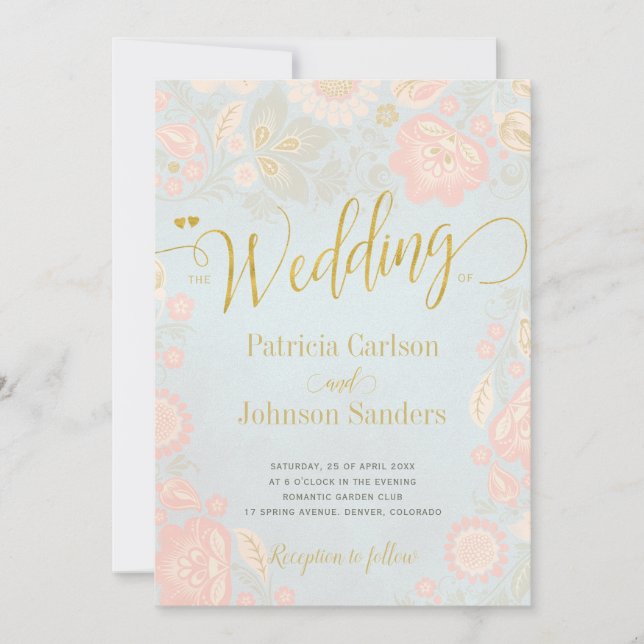 Peach Cream and Blue Spring Gold Script Wedding Invitation (Front)