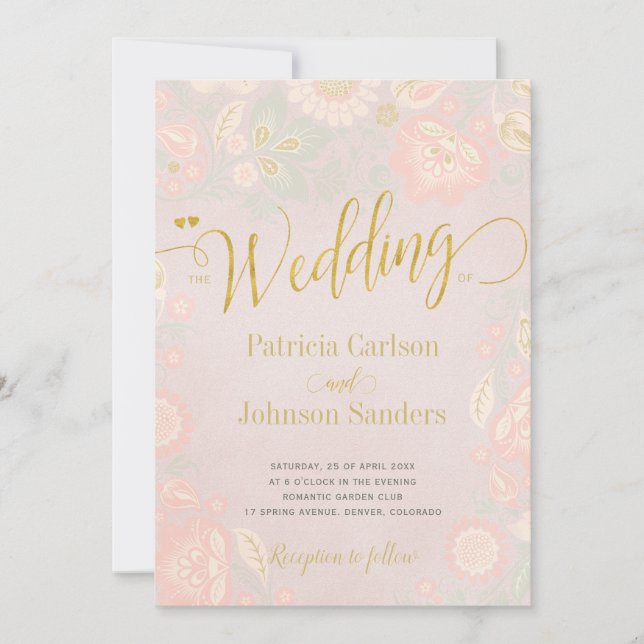 Peach Cream and Blush Spring Gold Script Wedding Invitation (Front)