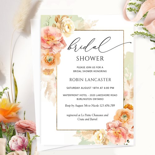Peach Cream and Green Floral Bridal Shower Brunch Invitation