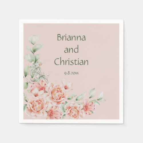 Peach Cream and Sage Green Romantic Floral Garden Napkins