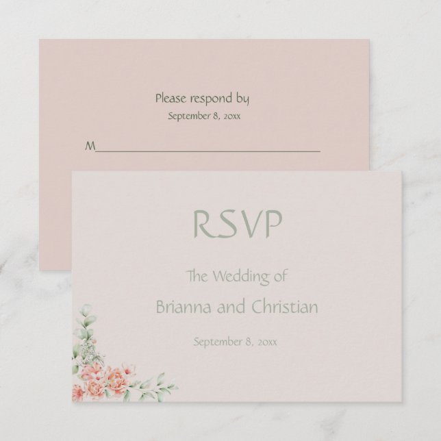Peach Cream and Sage Green Romantic Floral   RSVP Card (Front/Back)