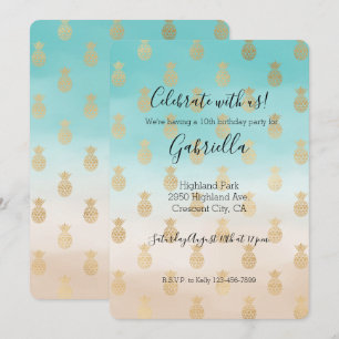 Peach Cream Aqua Ombre Gold Pineapples Birthday Invitation