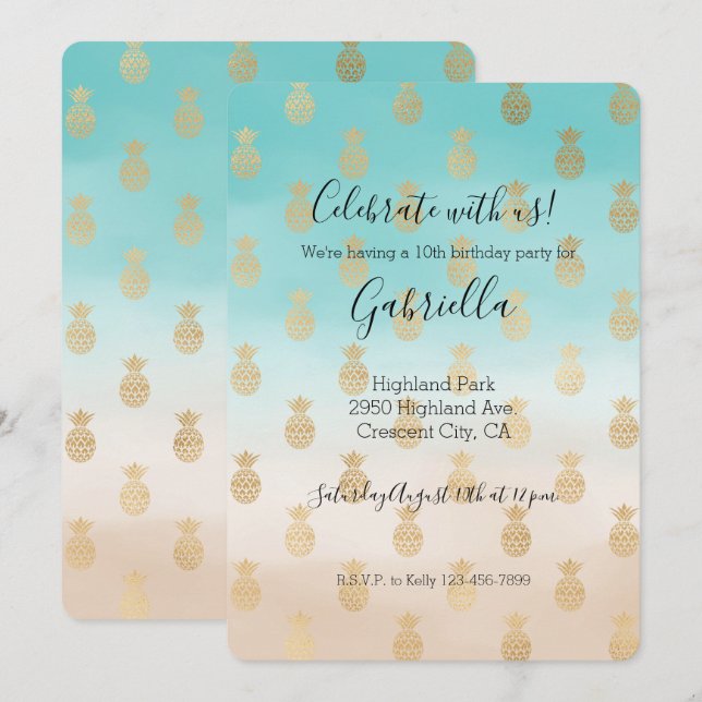 Peach Cream Aqua Ombre Gold Pineapples Birthday Invitation (Front/Back)